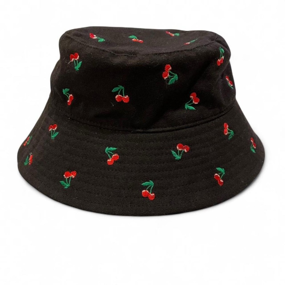 Cherry Embroidered Black Bucket Hat